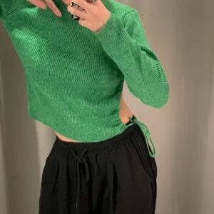 Zara Women’s Green Ribbed Knit Crewneck Side Tie Sweater Size Large NWT